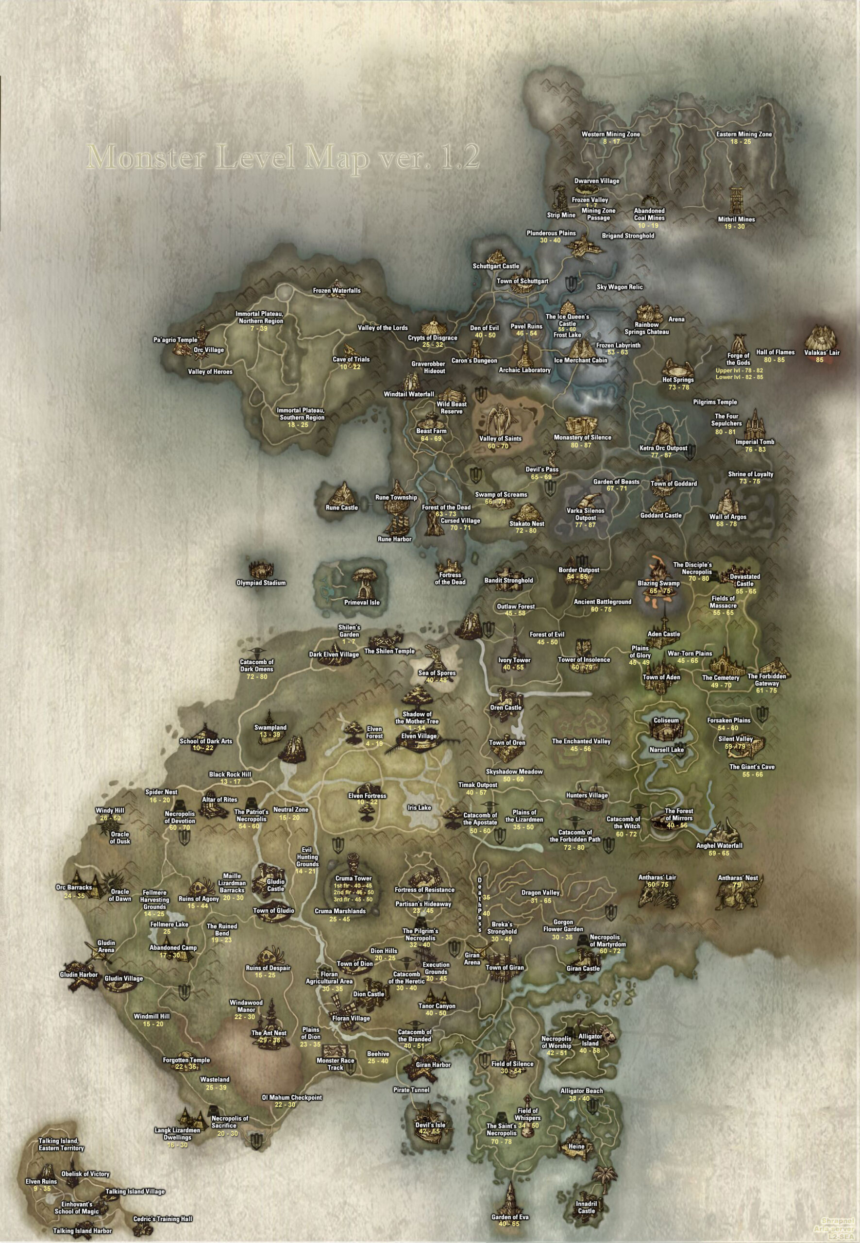 Карта уровней мобов Lineage 2